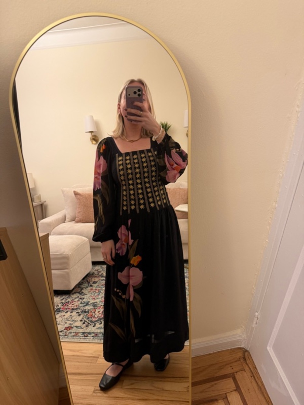 Farm Rio Long Sleeve Midi Floral Dress Embroidered Gold Black‎ Medium